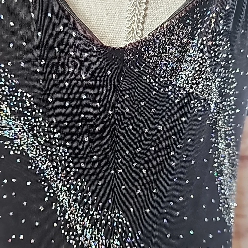 VINTAGE SCARLET BLACK SLEEVELESS COWEL BACK GLITTER FORM FITTING DRESS